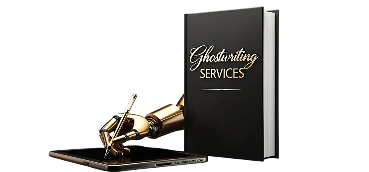 A professional ghostwriter typing on a laptop, with a stack of books beside them.